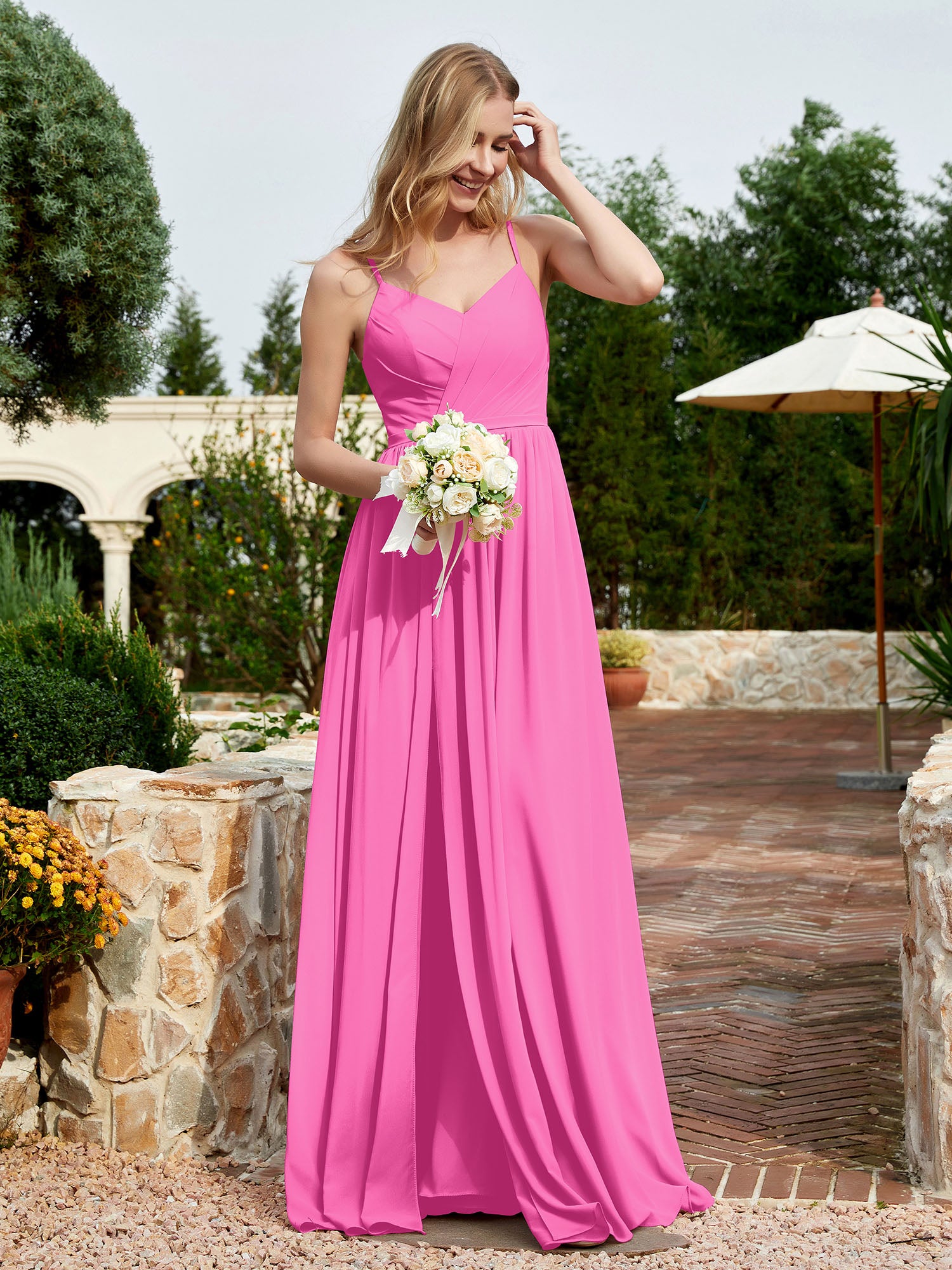 V-neck Spaghetti Straps Bridesmaid Dress With Slit Azalea